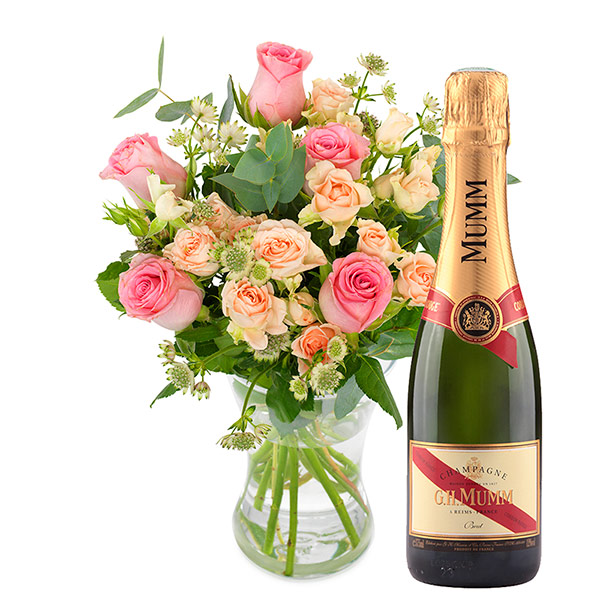 Bouquet roses pastel et champagne Mumm | Euroflorist