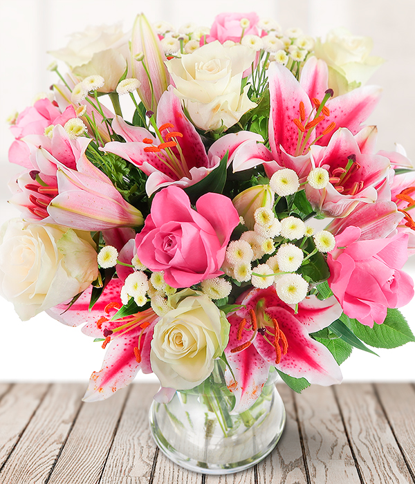 Mayfair Pink Lilies & Pink and White Roses Flowers Delivered