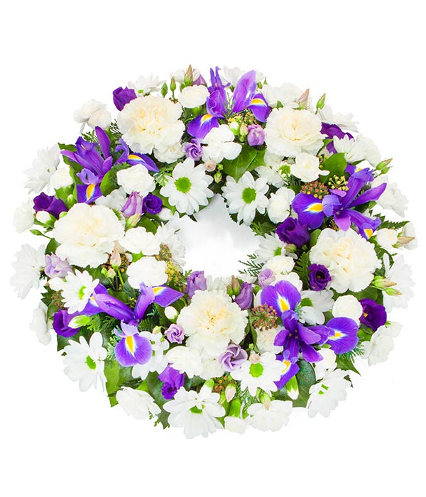 tulips 24 UV Protectant Sprayed Luxury Wreath with White Roses anemone tweedia and small delicate flowers