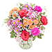 Euroflorist Blumenstrauß 5718 "Kleine Motivation". Buntes Bouquet mit Nelken, Rosen und Chrysanthemen in Orange, Rot, Lila und Rosa.