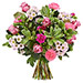 Happy Birthday Blumen 5732_SOP "Märchentraum". Romantisches, frisches Bouquet in Pink und Grün mit Nelken, Rosen, Freesien und Santini und vielem dekorativem Blattgrün.