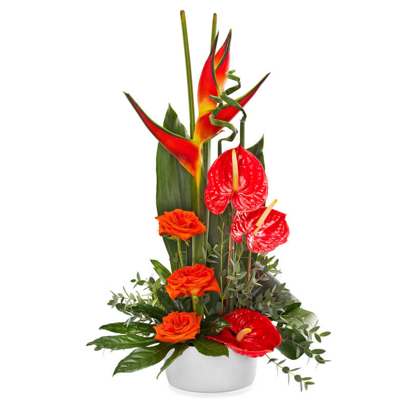 Composition florale rouge avec des fleurs exotiques