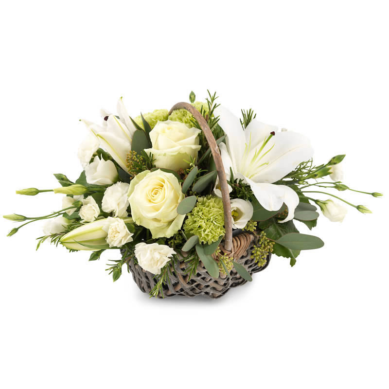 kapsel Harden beeld Bloemstuk in mand met witte bloemen laten bezorgen