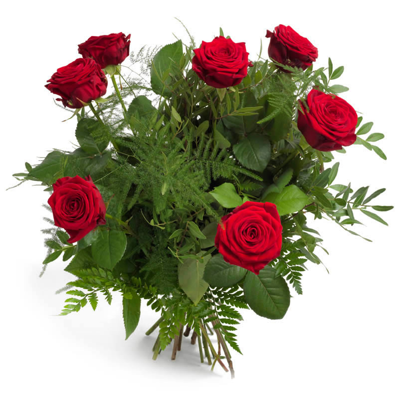 7 roses rouges moyennes tiges et feuillage