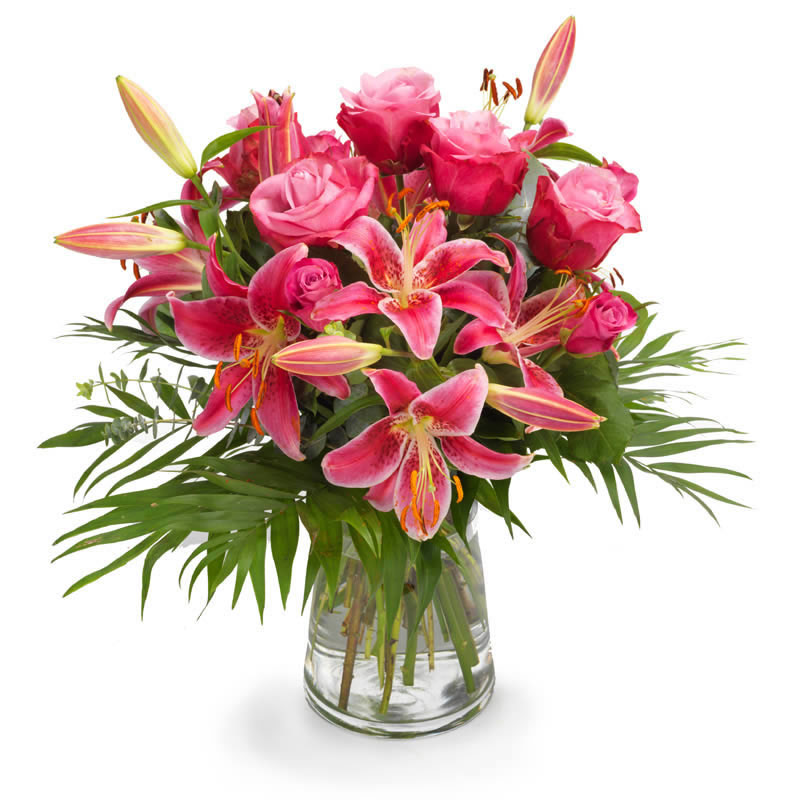 Bouquet de couleur rose avec des lys et des roses