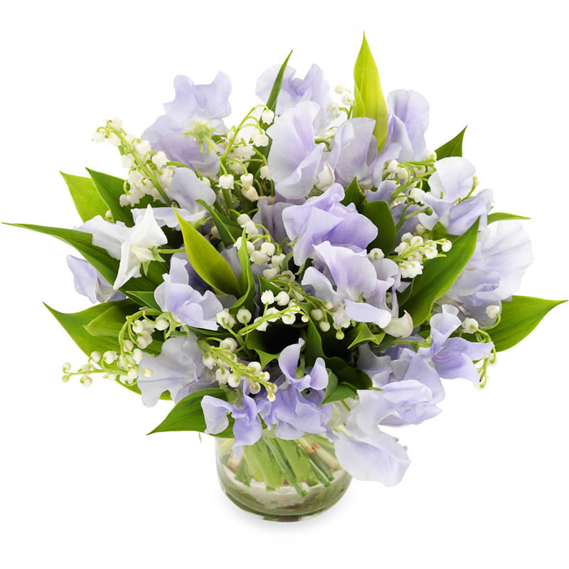 Bouquet blanc et bleu avec muguet et pois de senteur
