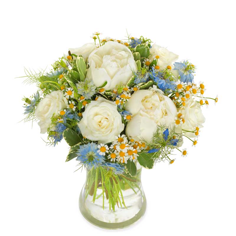 Bouquet de pivoines blanches & nigelle bleue livré 7j/7