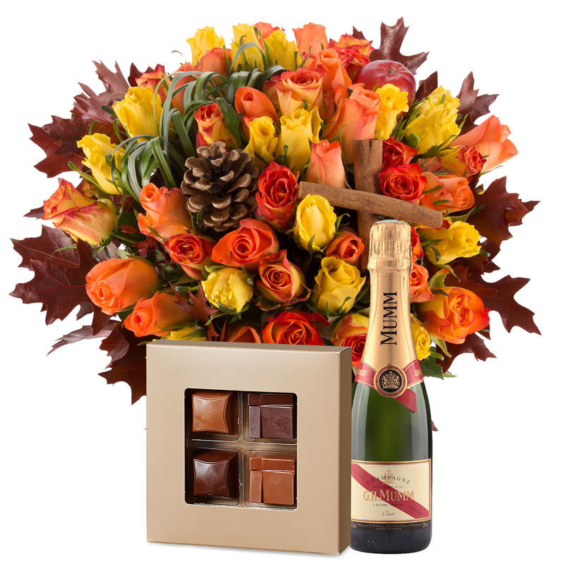 Autumn Breath Bouquet With Roses Champagne Chocolates
