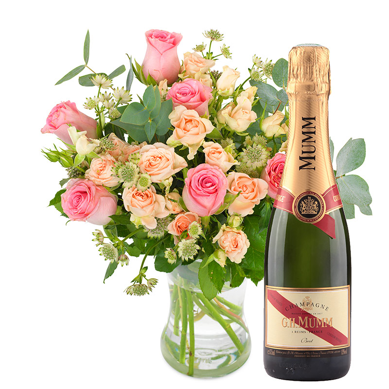 Bouquet roses pastel et champagne Mumm | Euroflorist