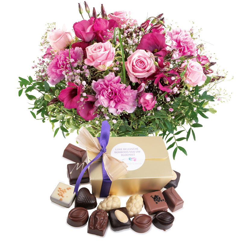 licht Controverse Reorganiseren Boeket met bloemen in roze kleuren met doos luxe chocolade
