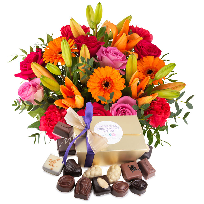 intern Bijzettafeltje Netjes Verstuur het perfecte cadeau: bonte bloemen en bonbons