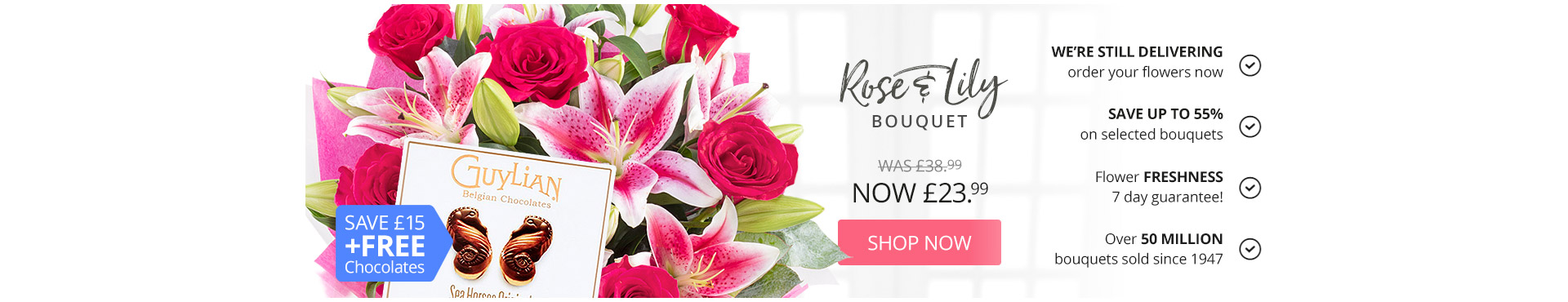 Rose and Lily bouquet Save £15 and Free Chocolates